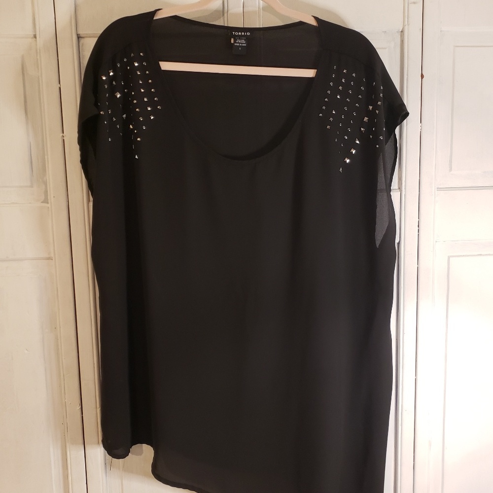 Torrid Black Blouse Sheer Asymmetrical with Studs